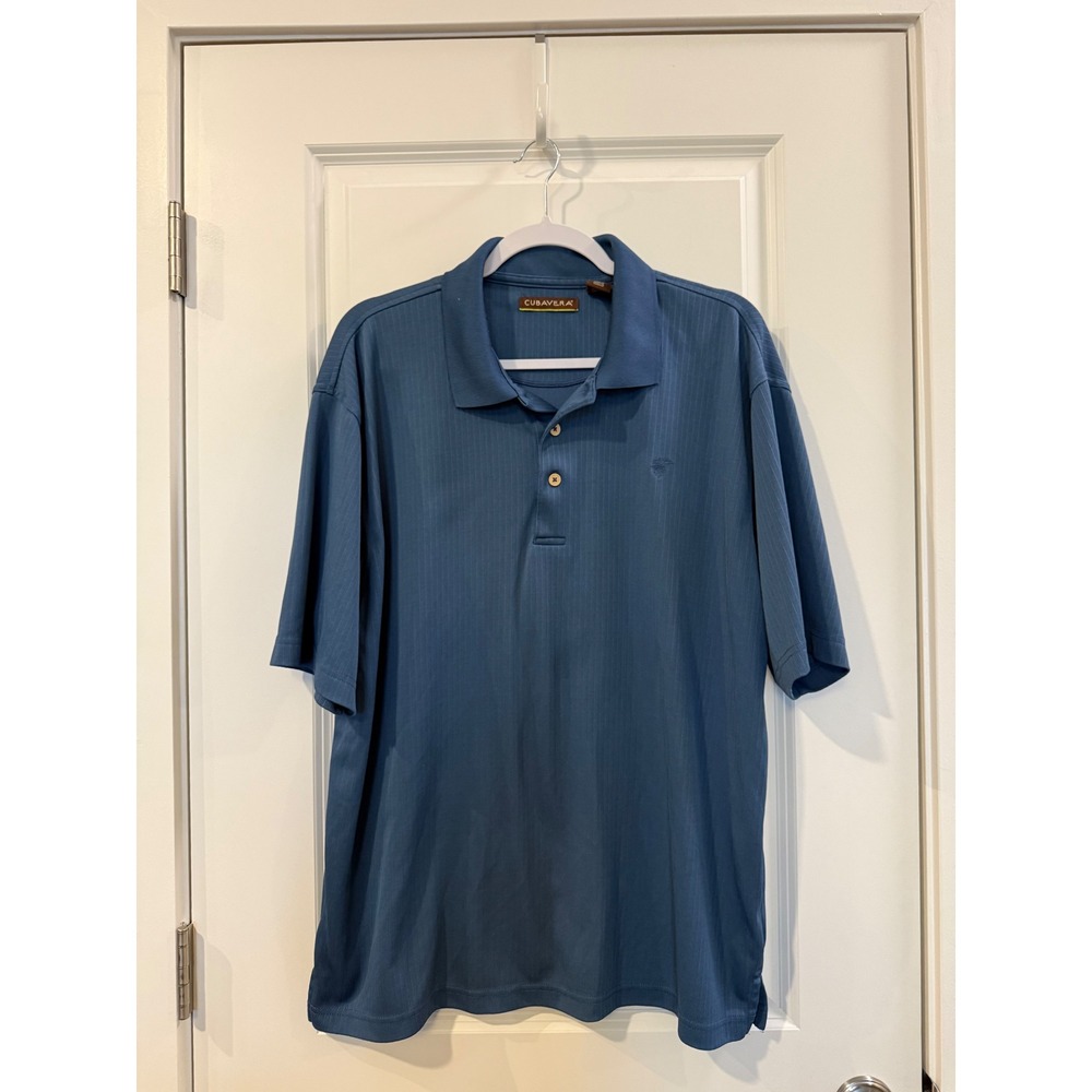 Cubavera Mens XL Blue Pinstripe Short Sleeve Polo Shirt Pineapple Logo Casual